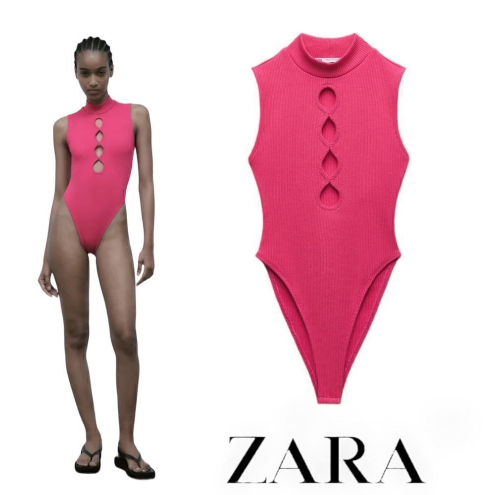 ZARA Fuchsia Pink Cutout Ribbed Bodysuit Size L NWT 1131/313